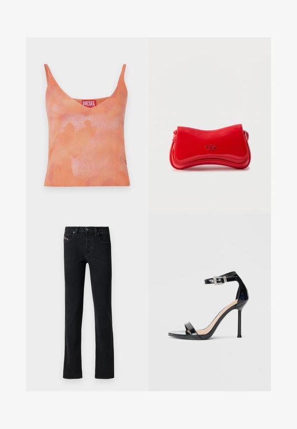 Débardeur orange à côtes avec un col en V et des fines bretelles. Présente un motif délavé subtil et une étiquette rouge avec le nom de la marque "DIESEL".; Jeans en denim noir avec une coupe droite, dotés de cinq poches et de détails de couture subtils. Le tissu a une texture lisse et un décoloration minimale.; Sandale à talon haut en cuir verni noir avec bride à la cheville. Présente un design minimaliste, un bout ouvert et une boucle ornée de strass.; Sac à main rouge brillant aux courbes douces avec un petit logo ovale sur le devant, présenté sur un fond clair uni.