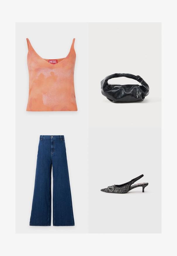 Oranje geribbelde tanktop met een V-hals en dunne bandjes. Bevat een subtiel vervaagd patroon en een rood label met de merknaam "DIESEL."; Replay PANTS - Straight leg jeans - dark blue; Zwarte slingback kittenheel met puntige neus, gestructureerd patroon en zilveren gespsluiting op een witte achtergrond.; Zwarte tas van glanzend, textuur materiaal met een ronde, gedraaide handgreep en een ritsluiting. Heeft een zacht, gekreukt ontwerp.