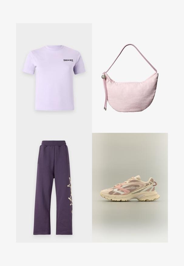 Lavendelvärvi puuvillane t-särk lühikeste varrukatega ja ümarat kaelust. Ees on must "DICKIES" logo. Sile tekstuur.; Lilla dressipüksid elastse vöökohtaga, küljetaskud ja kuldne graafiline disain vasakul jalal. Pehme materjal ja lõdva lõikega.; Roheline jooksujalats roosa, beeži ja kreemja võrgu ning sünteetiliste katelementidega, turske tallaga ja tekstureeritud välispinna haarduvusega, külgvaade.; Pehme roosa poolkuu kujuline õlakott reguleeritava nöörrihma, metallist stopperi ja õrna esiküljel asuva sügava "cK" logoga.