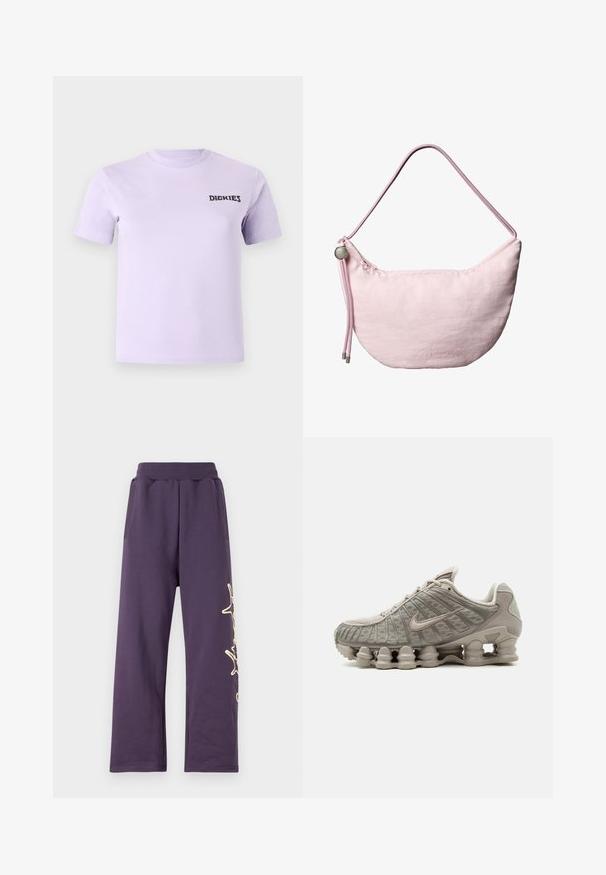 Camiseta de algodón lavanda con mangas cortas y cuello redondo. Presenta un logo negro de "DICKIES" en el pecho. Textura suave.; Pantalones de chándal morados con una cinturilla elástica, bolsillos laterales y un diseño gráfico dorado en la pierna izquierda. Material suave con un ajuste holgado.; Zapatilla Nike Shox beige clara con suela acolchada visible en forma de columna y detalles en malla en la parte superior.; Bolso de hombro de color rosa suave con forma de media luna, correa ajustable de cordón, tope metálico y sutil logo en relieve "cK" en el centro frontal.