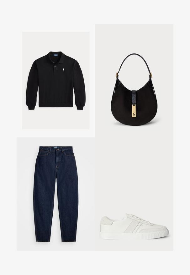 Zwart poloshirt met lange mouwen, geribde manchetten, een twee-knops sluiting en klein wit geborduurd logo op de linkerborst.; Donkerblauwe denim jeans met een rechte pasvorm, voorzien van oranje stiksels, een sluiting met knoop aan de voorkant en vijf zakken.; Witte sneaker met een glad leren bovenzijde, suède accenten en platte veters. Voorzien van een geëxtraheerde rubberen zool en een minimalistisch ontwerp.; Zwarte suède schoudertas met een gebogen vorm, een soepel zwart leren hengsel en een accent van goudkleurige hardware met een logodetail.