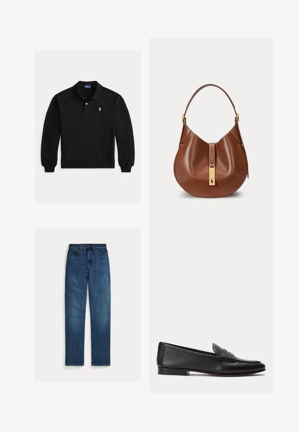 Sort polo med lange ærmer, ribstrikkede manchetter, to-knaps lukning og lille hvid broderet logo på venstre bryst.; Straight-leg blå denim jeans med fem lommer, knaplukning og subtil falmning på lår og knæ, lagt fladt på hvid baggrund.; Sort tekstureret læderloafer med lav hæl og klassisk penny-stropdetalje, vist i profil mod en ensfarvet lys baggrund.; Brun læderhåndtaske med buet form, enkelt rem og gyldent rektangulært spændelås med en lille hestelogo foran.