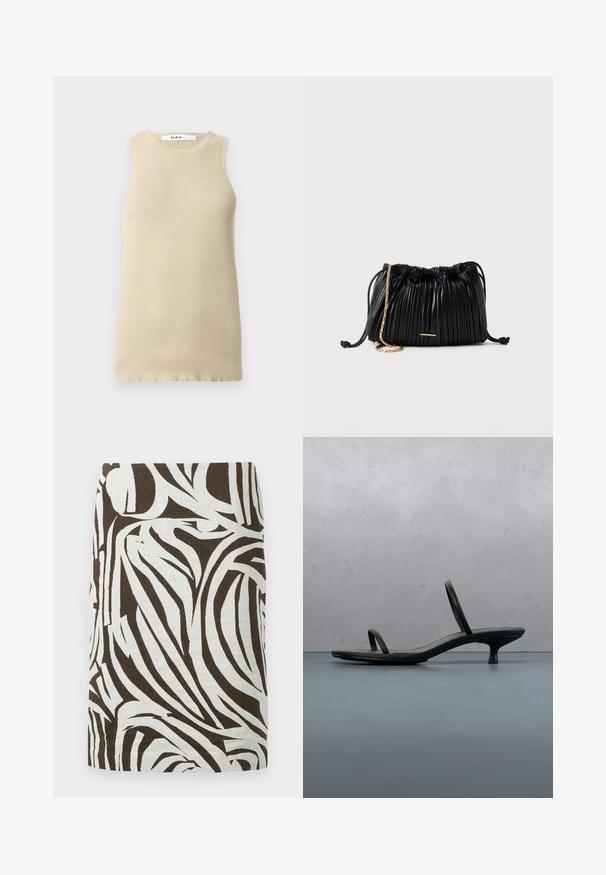 Beige geribbelde mouwloze top met een ronde halslijn, met een snug fit en een gladde textuur, ideaal voor lagen of warm weer.; Bruine en witte kokerrok met een abstracte zebra-achtige print, kniehoog en recht gesneden.; Zwarte Calvin Klein sandaal met hoge hak en dunne bandjes, in balans op houten tegels buiten, vlakbij een muur en groen.; Zwarte plissé leren handtas met trekkoord, gouden kettingriem en een klein horizontaal gouden accent aan de voorkant.