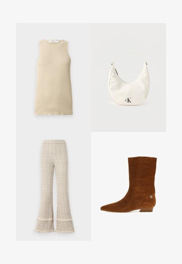 Top sin mangas de canalé beige con cuello redondo, que presenta un ajuste ceñido y una textura suave, ideal para superponer o para climas cálidos.; Pantalones de pierna ancha en una tela beige texturizada, con bajos deshilachados y una cintura alta. El diseño ofrece un ajuste relajado y una caída amplia.; Bota de ante marrón hasta la mitad de la pantorrilla con punta puntiaguda, tacón bajo apilado y pequeño detalle de logo dorado cerca del talón.; Pequeño bolso blanco en forma de media luna con correa corta, cierre de cremallera y logo negro "cK" en el frente.
