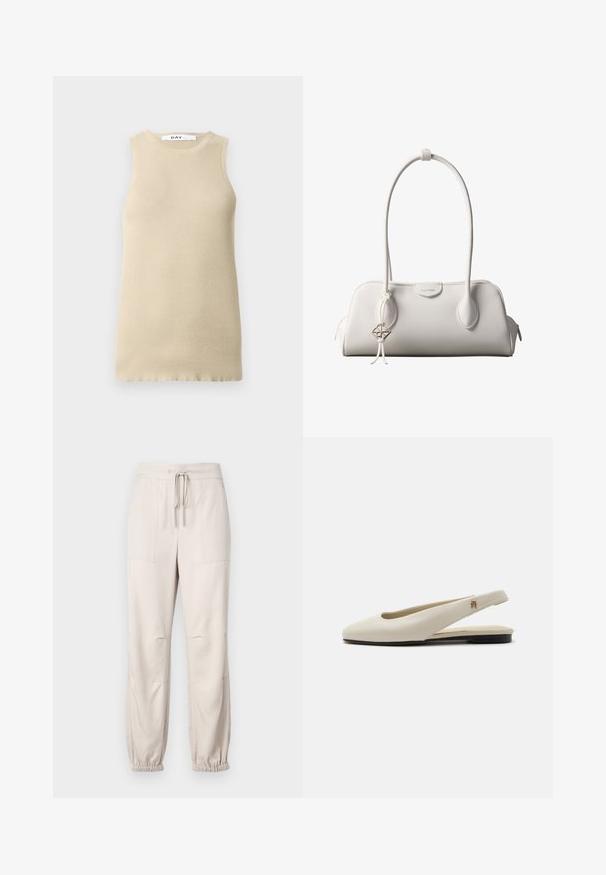 Haut sans manches beige à côtes avec col rond, présentant une coupe ajustée et une texture lisse, idéal pour le superposé ou les temps chauds.; Pantalons beiges légers avec une taille élastique, des détails à cordon de serrage et des poignets élastiques. Comprend deux poches avant et une texture lisse.; Chaussure plate slingback en cuir couleur crème avec un bout arrondi et un petit emblème doré sur la bride.; Sac à bandoulière blanc Calvin Klein avec longues poignées, forme rectangulaire, fermeture éclair et charm logo décoratif suspendu près de la poignée.