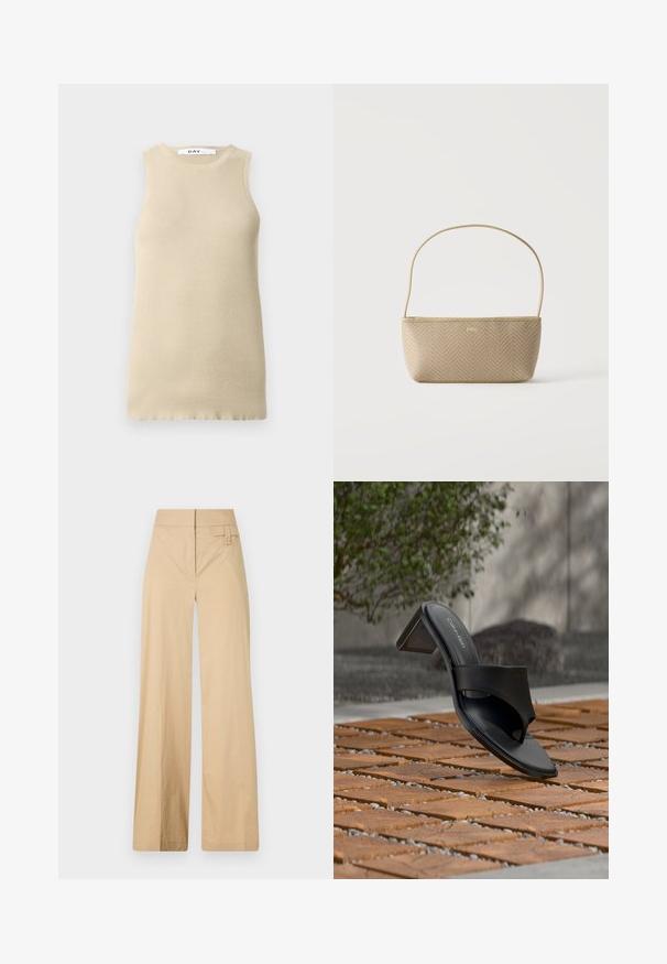 Beige geribbelde mouwloze top met een ronde halslijn, met een snug fit en een gladde textuur, ideaal voor lagen of warm weer.; Beige wijde broek gemaakt van een katoenmix. Kenmerkt zich door een gladde textuur, een elastische tailleband en een zijknopdetail.; Zwarte Calvin Klein sandaal met hak en teenlus op een houten tegelvloer buiten, nabij een boom en een stenen muur.; Beige geweven handtas met dunne schouderriem en klein gouden "BOSS" logo aan de voorkant, getoond tegen een effen witte achtergrond.
