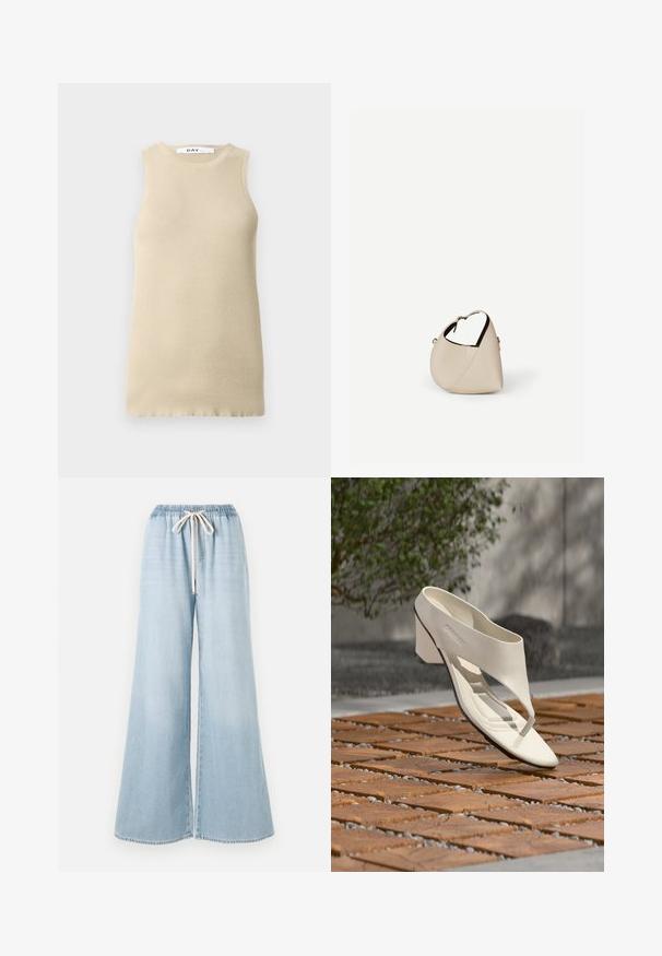 Haut sans manches beige à côtes avec col rond, présentant une coupe ajustée et une texture lisse, idéal pour le superposé ou les temps chauds.; Jean large bleu clair en denim, doté d'une ceinture élastique avec cordon de serrage et d'une texture lisse.; Sandale à talon en cuir blanc avec une large bride et un entre-doigts, exposée en extérieur sur une surface carrelée en bois et en gravier avec de la verdure en arrière-plan.; Sac à main en cuir beige en forme de croissant avec une seule bandoulière et des coutures minimalistes, posé sur un fond blanc uni.