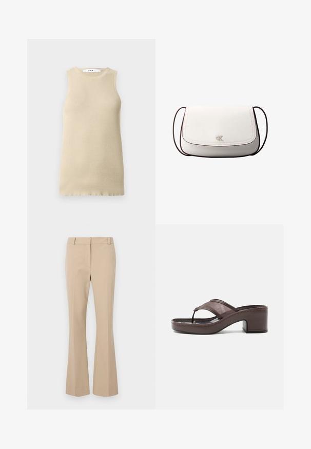 Beige ribbet ærmeløs top med rund halsudskæring, der har en tætsiddende pasform og glat tekstur, ideel til lag-på-lag eller varmt vejr.; Beige skræddersyede bukser med lige pasform, der har en glat front, bæltestropper og en jævn tekstur. Ingen synlige lommer eller mønstre.; Brun sandal med hæl med mesh-rem og tæst design, med blokhæl og syet sål, vist i profil mod hvid baggrund.; Hvid skuldertaske med klaplukning, lille sølv "cK" logo i midten og tynd, justerbar, mørkebrun rem.