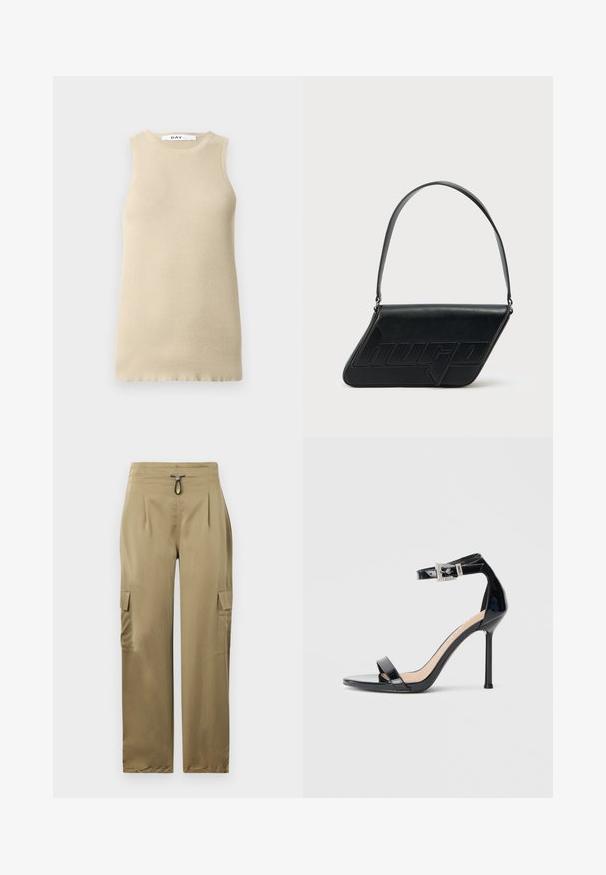 Beige soonikuta silmadega topp, ümmarguse kaelusega, millel on tihe istuvus ja sile tekstuur, ideaalne kihtidena kandmiseks või sooja ilma jaoks.; Kaksikohvikarva cargo-püksid slim-fit lõikega, millel on nööriga vöökoht, kaks küljetaskut ja tekstuuriga kude vastupidavuse tagamiseks.; Mustast lakknahast kõrge kontsaga sandaal, millel on pahkluu rihm. Oman minimalistlikku disaini, avatud varvaste ja litritega kaunistatud pandlaga.; Mustast nahast kolmnurkse kujuga õlakott, reljeefse logoga ja ühe reguleeritava rihmaga. Minimalistlik disain ja sile tekstuur.