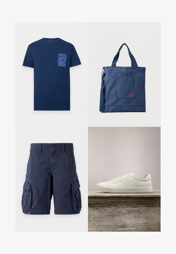 Marineblå T-shirt med korte ærmer, rund hals og lille brystlomme med blåt palmetræsprint.; Mørkeblå cargo shorts lavet af bomuld. Har flere sidelommer, knappelukning og en afslappet pasform. Glat tekstur og holdbart design.; Hvide snørresneakers svævende over en træbænk med grønne planter i baggrunden, der fremhæver skodesign og tekstur.; Blå lærredstote taske med frontlomme og rød "O.N.S" broderi, med to håndtag og en justerbar skulderrem.