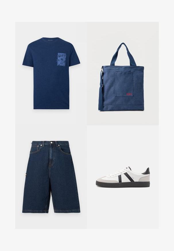 Marineblaues T-Shirt mit kurzen Ärmeln, Rundhalsausschnitt und kleiner Brusttasche mit blauem Palmen-Grafikdruck.; Dunkelblaue Denim-Shorts mit lockerer Passform, ausgestattet mit zwei vorderen Taschen und einer einzelnen Gesäßtasche, abgerundet mit orangefarbenen Nähakzenten.; Weiße Sneaker mit schwarz- und grau-aczenten, ausgestattet mit einer strukturierten grauen Zehenkappe, schwarzer Gummi-Sohle und flachen weißen Schnürsenkeln. Sauberes Design, minimalistische Stil.; Blauer Canvas-Einkaufstasche mit Vordertasche und roter "O.N.S" Stickerei, ausgestattet mit zwei Griffen und einem verstellbaren Schulterriemen.