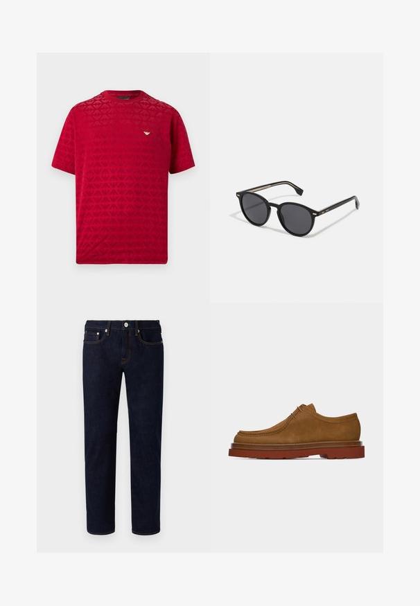 T-shirt rouge à manches courtes avec un motif texturé et un petit logo doré sur la poitrine. Tissu lisse avec un col rond.; Jean en denim bleu marine avec une coupe droite, featuring des coutures orange, cinq poches et un bouton à l'avant.; Chaussure pour homme en daim marron à lacets avec une semelle épaisse en caoutchouc rouge et des coutures de style mocassin, vue de profil.; BOSS Lunettes de soleil - black