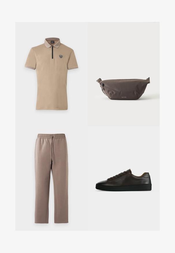 Beež polo-särk lühikese luku ja mustade detailidega ning vasakul rinnal logomärgiga. Omadused hõlmavad pehmet, sujuvat kangast ja kontrastset kraed.; Pruunid, keskmise pikkusega dressipüksid, mis on valmistatud pehmest kangast, sisaldavad elastset vöökohta stringiga, küljetaskuid ja sirgeid jalgu.; Madalprofiilne tumepruun nahast toss, musta kummist tallaga, eespaelaga ning sile ja minimalistlik disain heledal taustal.; Tumepruun kangast vöökott diagonaalse tõmblukuga tasku ja esi küljel oleva väikese valge logoga, heleda ühevärvilise taustaga.