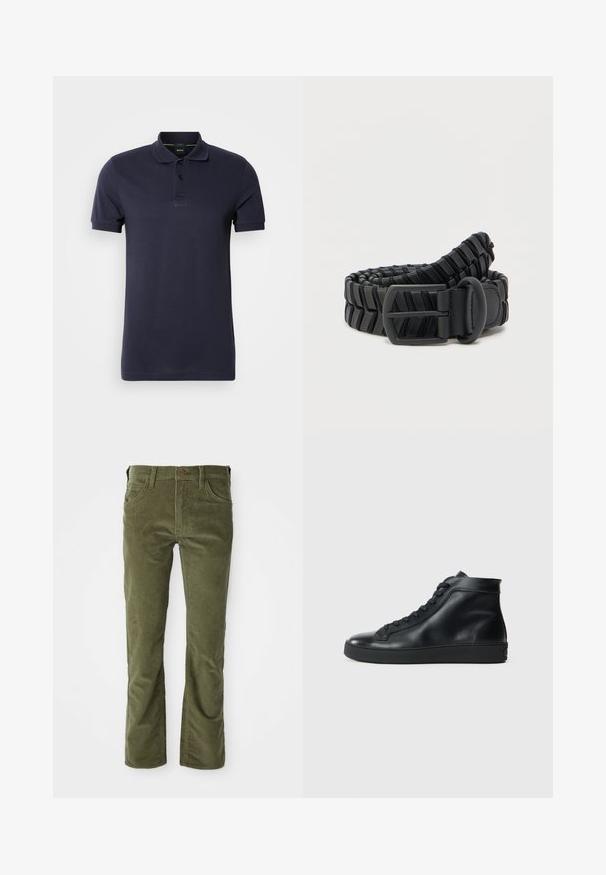 Marineblauwe polo van katoen, met een platte kraag, een drukknoopsluiting met drie knopen en een geborduurd logo op de borst. Korte mouwen.; Olijfgroene corduroy broek met voorzakken, riemlussen, knoopsluiting en een lichte flare bij de beenopeningen.; Zwarte high-top sneakers van glad leer met een ronde neus, platte rubberen zool en vetersluiting aan de voorkant. Strakke lijnen en minimale accenten.; Zwarte geweven riem gemaakt van duurzaam materiaal, met een rechthoekige gesp en een textuurontwerp met horizontale accenten.