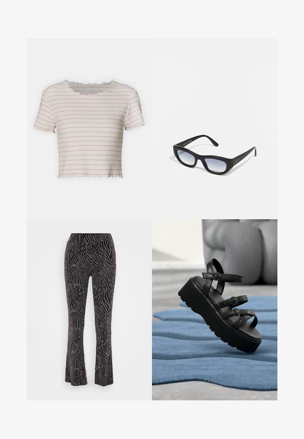 T-shirt à manches courtes, cropped, en tissu texturé, avec des rayures horizontales blanches et violet clair et un col et un ourlet à volants.; Pantalons évasés noirs à motif zèbre, présentant une texture douce et une taille élastique pour plus de confort.; Sandale plateforme noire avec trois brides réglables à boucle, posée sur un tapis bleu texturé avec un arrière-plan flou.; Lunettes de soleil noires avec une monture épaisse, de forme rectangulaire et des verres dégradés. Porte le nom de la marque "vogue" sur la branche.