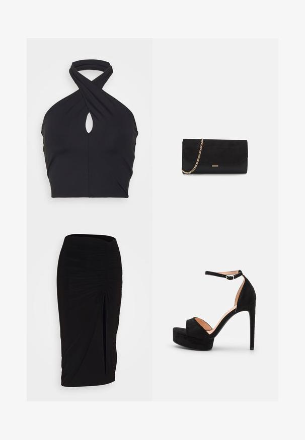 ONLY ONLEA TWIST - Top - black; falda lápiz negra con fruncido, detalle de lazo y abertura lateral. Hecha de un tejido elástico, con una textura suave y un diseño ajustado.; Sandalia de tacón alto de ante negro con suela de plataforma, tira en el tobillo con herrajes plateados, diseño de punta abierta y textura suave.; Bolso de mano negro hecho de ante con un acabado texturizado, que presenta una cadena dorada y un diseño elegante y angular.