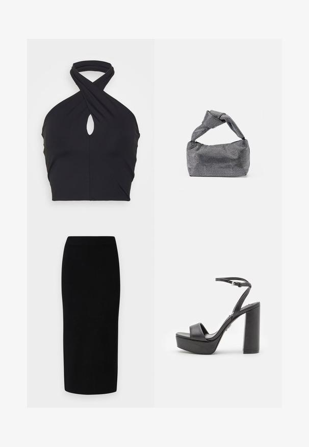 ONLY ONLEA TWIST - Débardeur - black; Jupe midi en tricot noir avec une silhouette ajustée, dotée d'une large taille élastique et d'une texture lisse, sans motifs ou accents discernables.; Sandales à talons hauts noires avec une plateforme, à bout ouvert, bandeau avant large et bride de cheville réglable. Finition en cuir lisse et talon épais.; Sac à main noir et argent avec une surface texturée affichant un motif en diamant, une anse nouée et une forme structurée.