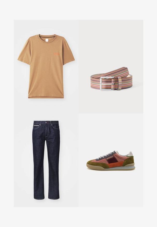 Brun T-shirt med korte ærmer lavet af bomuld, med rund halsudskæring, prydet med lille orange tekst på brystet og en afslappet pasform.; Mørkeblå denim jeans med lige pasform, diskrete kontrastsyninger, fem lommer og knappelukning i taljen.; PS Paul Smith DOVER - Sneakers - pink; Snoet læderbælte med et farverigt horisontalt stribemønster og en sølvfarvet rektangulær spænde på en ensfarvet baggrund.