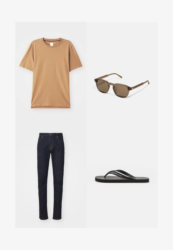 Braunes T-Shirt mit kurzen Ärmeln aus Baumwolle, runder Ausschnitt, mit kleinem orangefarbenem Text auf der Brust und einer lockeren Passform.; Dunkelblaue Denim-Jeans mit schlankem Schnitt, Fünf-Taschen-Design und Knopfverschluss. Verfügt über kontrastierende Nähte und eine gerade Beinform.; Schwarze Flip-Flop-Sandale mit strukturiertem Fußbett und schmalen Riemen, die an einem Riemen einen weißen Logoakzent aufweist. Flache, flexible Sohle.; Braun getönte Sonnenbrille mit quadratischem Rahmen, aus transparentem braunem Kunststoffmaterial und dekorativen gelben Akzenten an den Bügeln.