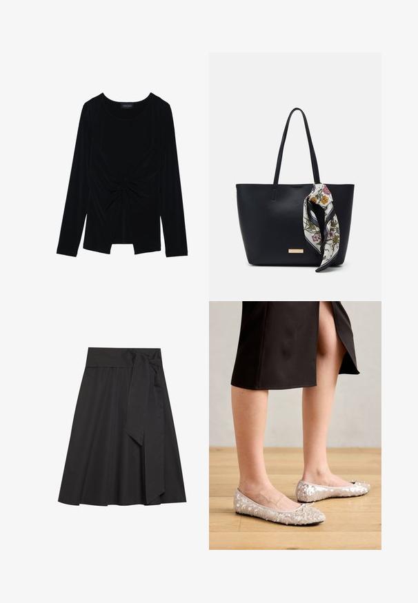 Haut à manches longues noir en tissu doux et extensible, présentant un design avant torsadé et un col rond. L'étiquette indique "ANNA FIELD."; Jupe noire enveloppante avec une large ceinture et un détail en noeud. Fabriquée en tissu lisse, elle présente une silhouette évasée et une longueur au genou.; Ballerines en sequins beiges avec un bout rond, ornées d'un accent nœud, associées à une jupe noire, exposées sur un sol en bois.; Sac fourre-tout en cuir noir avec deux poignées, orné d'une écharpe en soie florale attachée à la poignée et d'un accent logo métallique à l'avant.