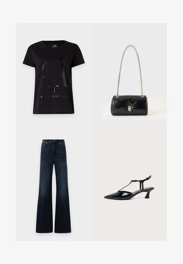 Zwarte katoenen t-shirt met korte mouwen, voorzien van een glanzend, groot "AX" logo en de tekst "ARMANI EXCHANGE" in het midden.; Donkerblauwe hoge taille wijde jeans met voorzakken, riemlussen en een knoop- en ritsluiting.; Zwarte pumps van lakleer met spits toelopende neus, T-strap en lage schuine blokhak op witte achtergrond.; Zwarte leren handtas met een zilveren kettingriem en een zilveren sluiting, gepresenteerd tegen een effen lichte achtergrond.