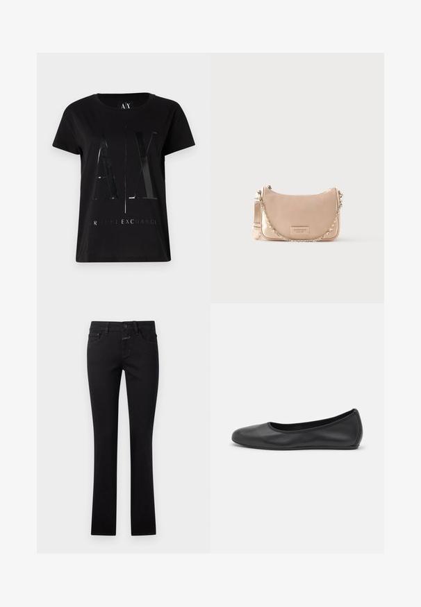 Sort bomulds t-shirt med korte ærmer, der har et glansfuldt, stort "AX" logo og teksten "ARMANI EXCHANGE" i midten.; Sort jeans lavet af denim, med en tætsiddende design, knaplukning og traditionel fem-lomme stil. Glat tekstur med let stræk.; Sort læderballetsko med rund tå, glat tekstur, minimal syning og et fleksibelt såldesign.; Bleg lyserød håndtaske med en buet silhuet, glat lædermateriale og en kæderem. Har en logo-patch på fronten.