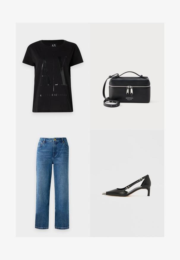 Sort bomulds t-shirt med korte ærmer, der har et glansfuldt, stort "AX" logo og teksten "ARMANI EXCHANGE" i midten.; Blå høj talje jeans med lige ben, lavet af denim, med fem lommer og detaljer i guldtonet metal.; Sort læder kitten heel med spids sølvfarvet tåhætte og dobbelte spænderemme på hvid baggrund.; Sort rektangulær læder skuldertaske med dobbeltsidet sølvlynlås og justerbar rem, der har Emporio Armani-logo og teksten Milano 1981.