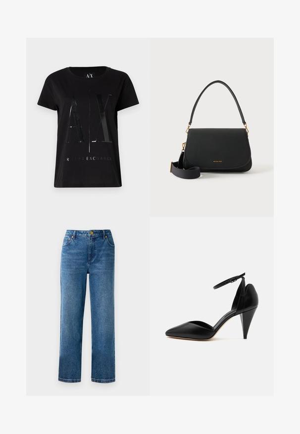 Schwarzes Baumwoll-T-Shirt mit kurzen Ärmeln, das ein glänzendes, großes "AX"-Logo und den Text "ARMANI EXCHANGE" in der Mitte aufweist.; Blaue hochgeschnittene Jeans mit geradem Bein, aus Denim, mit fünf Taschen und goldfarbenen Hardware-Details.; Schwarzer Leder-Pumps mit spitz zulaufender Vorderkappe, Knöchelriemen und kegelstumpfförmigem Absatz vor weißem Hintergrund.; Schwarze Lederschultertasche mit geschwungener Klappe, goldfarbenen Beschlägen, verstellbarem Stoff-Crossbody-Gurt und kleinem Michael Kors Logo.