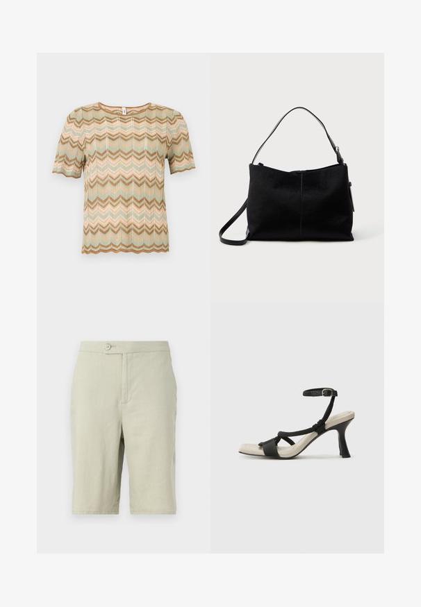 Haut en maille à manches courtes avec motif en zigzag dans des tons beige, vert clair et marron, doté d'un col rond et de bords festonnés.; Shorts gris clair en tissu doux. Dotés d'une fermeture à bouton, de poches latérales et d'une coupe droite.; Sandale à talon noir avec un design de brides tressées, bout carré et bride de cheville réglable. Semelle intérieure beige claire avec un talon noir brillant.; Sac à bandoulière noir avec une surface lisse et texturée, doté d'une seule sangle et d'une fermeture éclair en haut. Forme rectangulaire compacte.