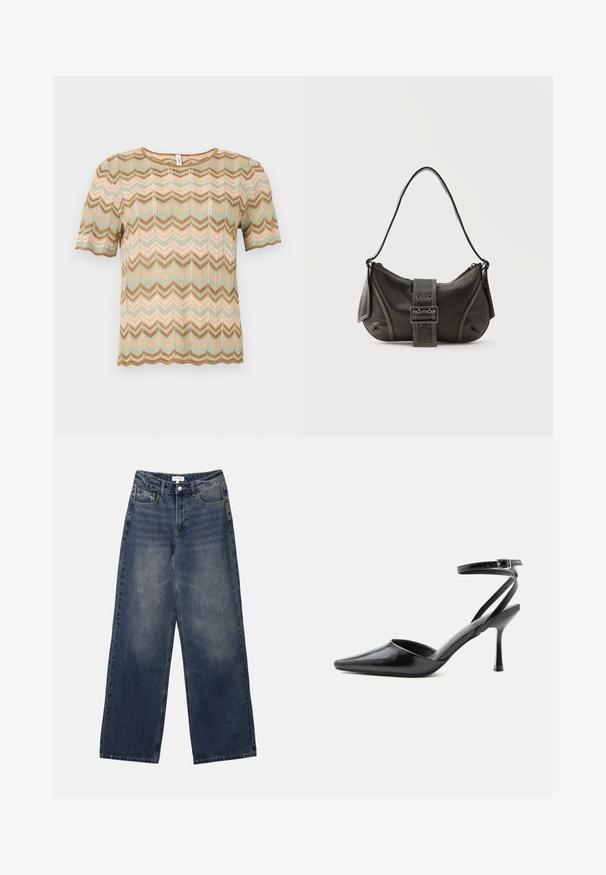 Strikbluse med korte ærmer og zigzag-mønster i beige, lysegrønne og brune toner, med rund halsudskæring og bølgede kanter.; Mænds højtaljede blå denim jeans med brede ben, frontknap og lynlås samt for- og baglommer.; Sort spids højhælet sko med tynde ankelremme og sølvspænde på en ensfarvet lys baggrund.; Sort læder skuldertaske med spænde på remmen, afrundede kanter og kontrasterende hvide syninger på en ensfarvet baggrund.