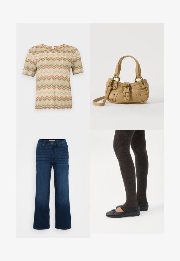 Kurzärmeliges Strickoberteil mit Zickzackmuster in Beigetönen, Hellgrün und Braun, mit rundem Ausschnitt und gewellten Kanten.; ONLY Petite ONLMADISON BLUSH WIDE - Wide Leg - dark blue denim; Beine in dunklen, gerippten Leggings kombiniert mit schwarzen Ballerinas mit kleinen Schleifendetails auf weißem Hintergrund.; Beige Lederhandtasche mit doppelten Griffen, Messingschnalle und Nieten, sowie verstellbarem Schultergurt vor weißem Hintergrund.
