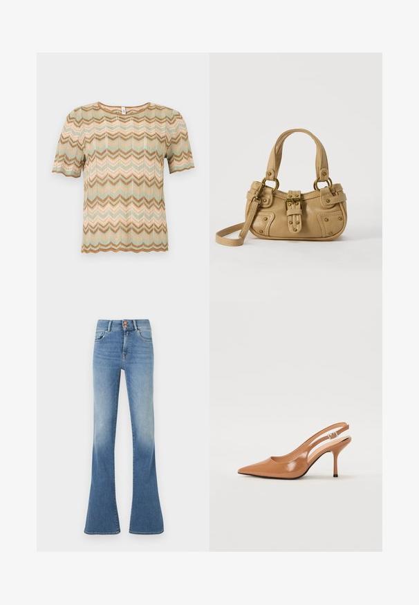 Haut en maille à manches courtes avec motif en zigzag dans des tons beige, vert clair et marron, doté d'un col rond et de bords festonnés.; Jeans en denim bleu taille haute avec une légère décoloration sur les cuisses et des jambes larges évasées, dotés de poches avant et d'une fermeture à double bouton.; Escarpin à talon slingback à bout pointu en matériau beige lisse et brillant. Présente un design de découpes courbées et un talon aiguille fin. Détail de boucle en argent.; Sac à main en cuir beige avec double poignées, boucle en laiton et détails rivetés, ainsi qu'une bandoulière réglable sur fond blanc.