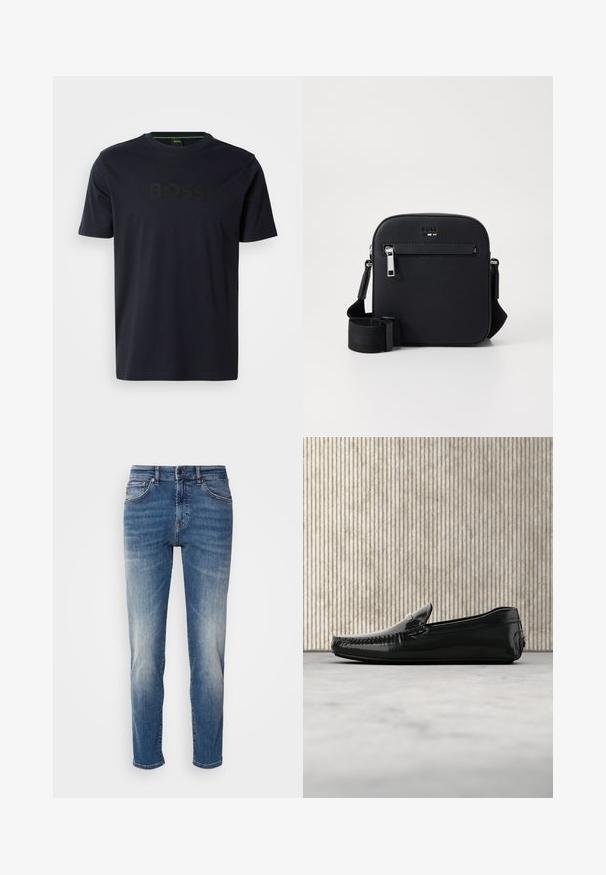 Marineblå bomulds-T-shirt med rund hals, der har et sort, præget "BOSS"-logo på brystet og korte ærmer.; Blå denimjeans med lige ben, let falmet finish, klassisk fem-lomme-design og lynlås med knaplukning.; Sorte læder loafers med en blank overflade, rund tå og dekorativt hardware foran. Lavprofil gummisål. Glat tekstur.; Sort skuldertaske i læder med en glat tekstur, har en lynlåslomme foran, justerbar rem og et elegant firkantet design.