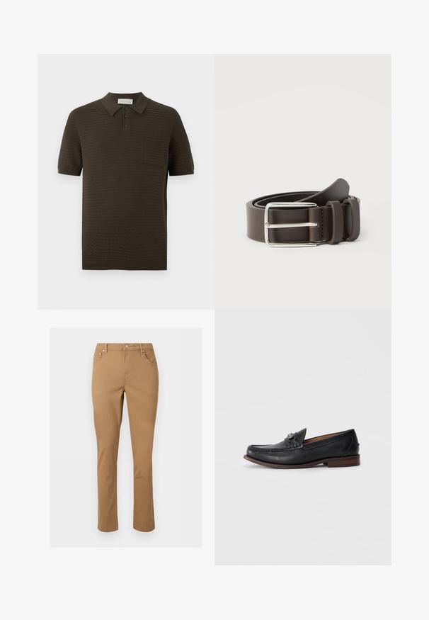Polo manches courtes marron foncé avec motif texturé, patte à trois boutons, col tricoté et poche poitrine sur fond uni.; Pantalon marron à jambes droites avec poches avant, passants ceinture, fermeture éclair et bouton sur un fond clair uni.; Mocassins en cuir noir avec un bout arrondi, des détails décoratifs à l'avant et une semelle en cuir brun contrastante. Texture lisse et design à enfiler.; Ceinture en cuir marron avec une boucle en métal argenté, présentant une texture lisse et un design simple. Comprend une boucle pour l'ajustement et la fixation.