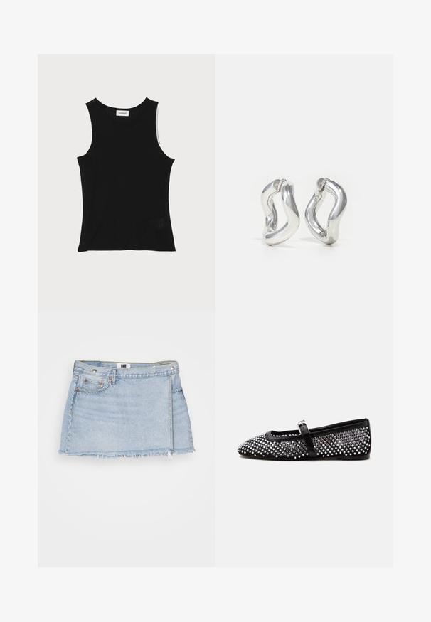 Débardeur noir à côtes avec un encolure ronde et de larges bretelles, présentant une finition texturée subtile et un petit détail en mesh au bas.; RE/DONE SKIRT - Jupe portefeuille - maliblue; Chaussure plate Mary Jane noire avec des clous ronds argentés couvrant la tige et une fine bride avec une petite boucle argentée.; Boucles d'oreilles créoles argentées avec un design torsadé. Bords arrondis et finition brillante. Fermoirs ouverts pour un port facile. Texture lisse sur toute la surface.