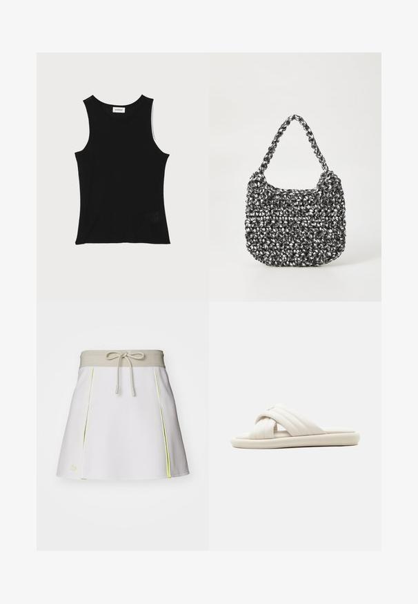 Débardeur noir à côtes avec un encolure ronde et de larges bretelles, présentant une finition texturée subtile et un petit détail en mesh au bas.; Jupe shorts blanche avec une ceinture élastique beige et un cordon de serrage. Présente des accents latéraux néon jaune et des plis. Logo Lacoste en bas à gauche.; Sandale blanche à enfiler avec larges brides croisées matelassées et semelle plate, vue de profil sur un fond neutre.; Sac en osier noir et blanc de forme arrondie, avec une surface texturée et une poignée tressée. Convient à un usage décontracté.
