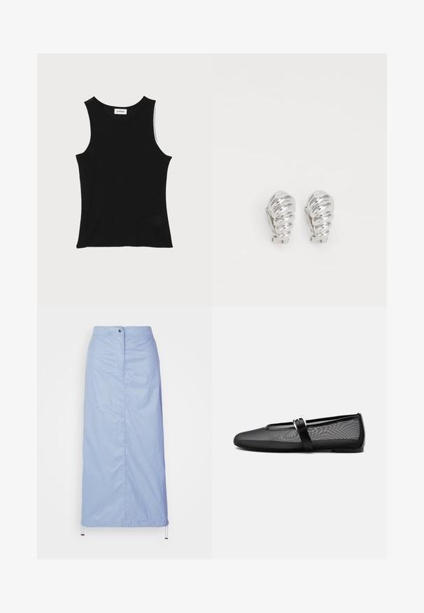 Sort ribbet tanktop med rund halsudskæring og brede skulderstropper, med en subtil struktureret finish og en lille mesh-detalje ved kanten.; Lyseblå, mellemlang nederdel lavet af glat, let materiale med lige snit, har en frontknaplukning og en justerbar kant.; Sort mesh balletflat med rundt tåparti og justerbar Mary Jane-rem med sølvspænde, på en ensartet lys grå baggrund.; Sølv clip-on øreringe med spiralmønster, der har en glat metallisk tekstur og runde former. Ingen synlige udsmykninger eller mønstre.