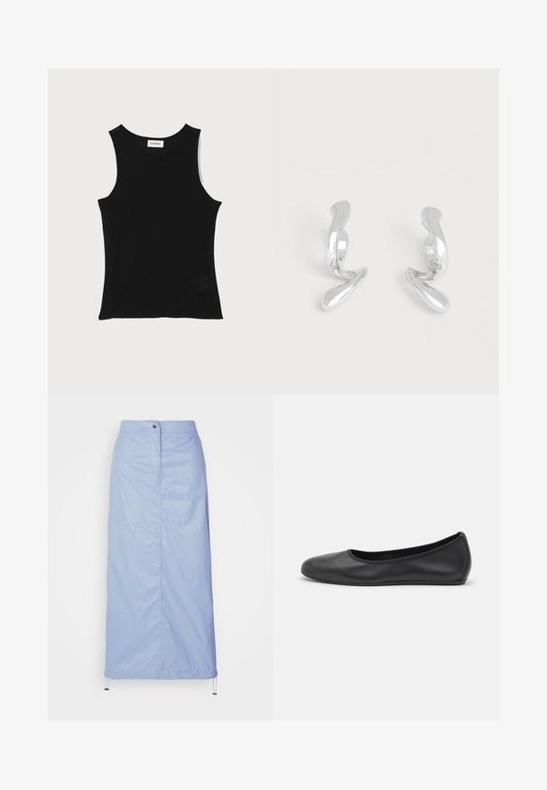 Zwarte geribbelde tanktop met een ronde halslijn en brede schouderbanden, met een subtiele textuurafwerking en een klein gaasdetail aan de zoom.; Lichtblauwe, middellange rok van soepel, lichtgewicht materiaal met een rechte snit, beschikt over een sluiting met knopen aan de voorkant en een koord in de zoom.; Zwarte leren ballerina met een ronde neus, gladde textuur, minimale stikdetails en een flexibele zoolontwerp.; Een paar glanzende zilveren oorbellen in abstracte metalen vorm op een effen witte achtergrond.