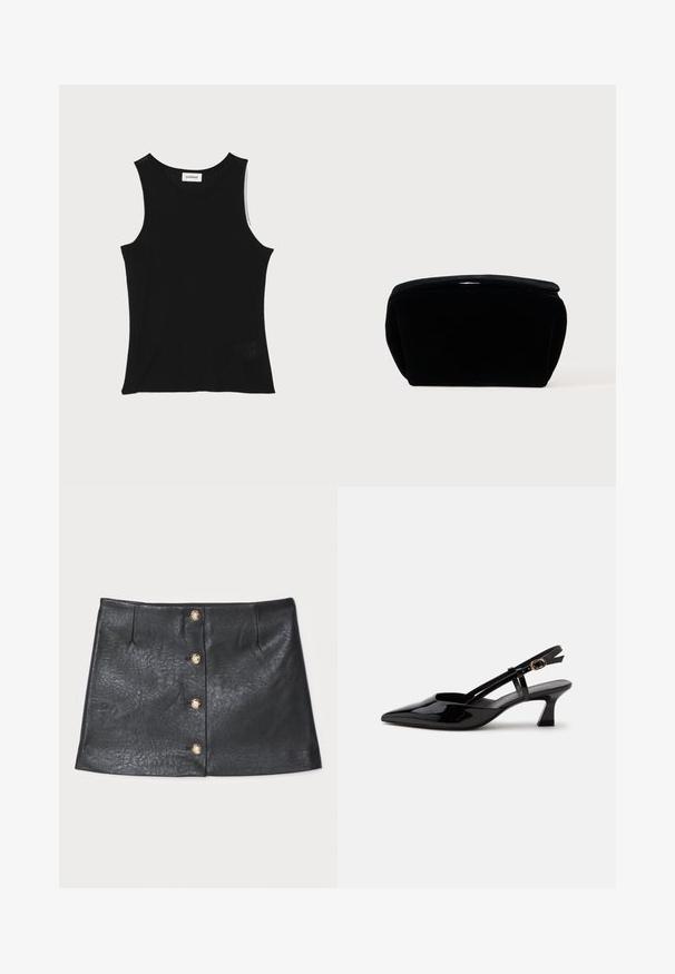 Débardeur noir à côtes avec un encolure ronde et de larges bretelles, présentant une finition texturée subtile et un petit détail en mesh au bas.; Mini jupe en cuir noir avec un design élégant, fermeture à bouton frontale avec des accents dorés, et une surface texturée avec un léger éclat.; Chaussure slingback en cuir verni noir à petit talon, bout pointu et bride réglable avec boucle dorée sur fond blanc.; Trousse de maquillage en velours noir avec une surface douce et texturée, un dessus arrondi et une fermeture éclair. Design compact, adapté à divers besoins de rangement.