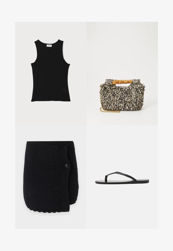 Débardeur noir à côtes avec un encolure ronde et de larges bretelles, présentant une finition texturée subtile et un petit détail en mesh au bas.; Châle tricoté noir présentant un motif texturé, un ourlet en scallop et deux gros boutons pour la fermeture. Matériel doux avec un design chaleureux.; Tongs noires au design minimaliste, avec des sangles fines et une semelle plate. Le matériau semble être du plastique avec une texture lisse.; Sac tissé avec un motif texturé noir et crème, une poignée en bambou et une bandoulière en chaîne dorée amovible. Forme rectangulaire compacte.