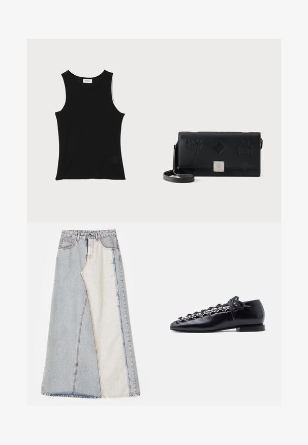 Schwarzes, geripptes Tanktop mit rundem Ausschnitt und breiten Trägern, das eine subtile Texturierung und ein kleines Netzdetail am Saum aufweist.; Jeansrock mit einem Patchwork-Design in hell- und mittelblauen Abschnitten, ausgefransten Säumen und hoher Taille. Klassischer Fünf-Taschen-Stil.; Schwarzer, flacher Lederschuh mit einzigartigen silbernen Metallösen und schwarzer Schnürung entlang der Oberseite.; Schwarze rechteckige Umhängetasche aus Leder mit geprägten Logos und Rautenmuster, versehen mit einer silbernen Metall-Logoplatte auf der Frontklappe.