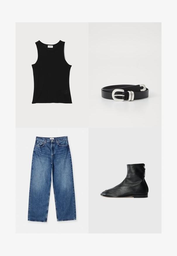 Débardeur noir à côtes avec un encolure ronde et de larges bretelles, présentant une finition texturée subtile et un petit détail en mesh au bas.; Jean large bleu clair en denim, avec un design classique à cinq poches, des coutures visibles et une taille mi-haute.; Bottines en cuir noir avec un design à bout pointu, texture lisse et une fermeture éclair sur le côté pour un enfilage facile. Talon bas, style minimaliste.; Ceinture en cuir noir avec une boucle double ardillon en ton argenté. Texture lisse, forme plate, avec des trous pour l'ajustement et un design épuré.