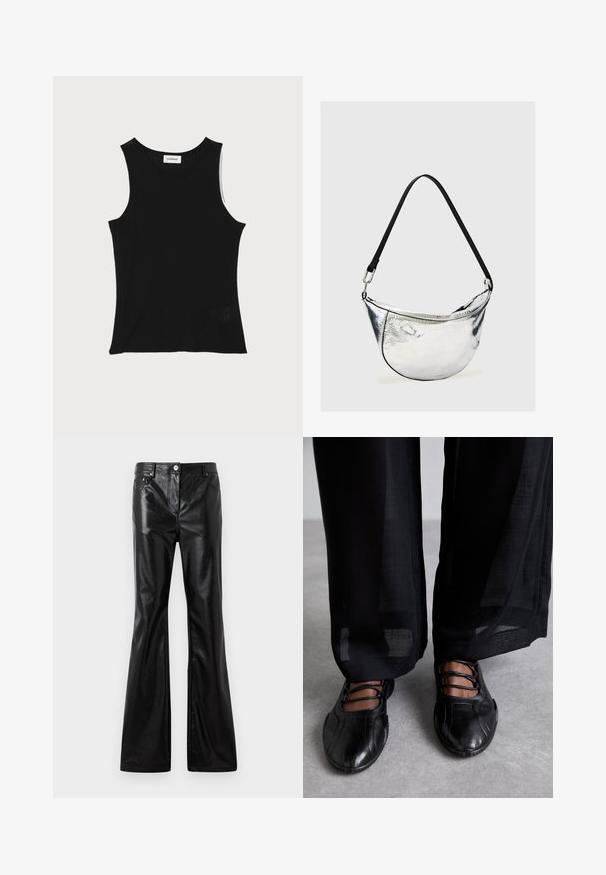 Schwarzes, geripptes Tanktop mit rundem Ausschnitt und breiten Trägern, das eine subtile Texturierung und ein kleines Netzdetail am Saum aufweist.; Rabanne Loose Jeans - black; MIISTA AVERIE - Riemchenballerina - black; Silberne, metallische Schultertasche in Mondsichelform mit schwarzem, verstellbarem Riemen und Reißverschluss auf schlichtem hellem Hintergrund.