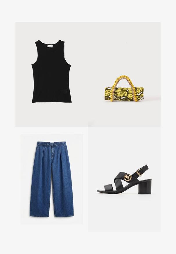 Sort ribbet tanktop med rund halsudskæring og brede skulderstropper, med en subtil struktureret finish og en lille mesh-detalje ved kanten.; Blå vidde jeans med høj talje, forreste folder, bærestropper og et matchende stofbælte.; Sorte lædersandaler med krydssnor og et rundt MK-logo. Blokhælen har en mellemstor højde, som giver stabilitet og et elegant design.; Rektangulær taske med gult og sort blomsterprint og flettet gul og pink hank på hvid baggrund.