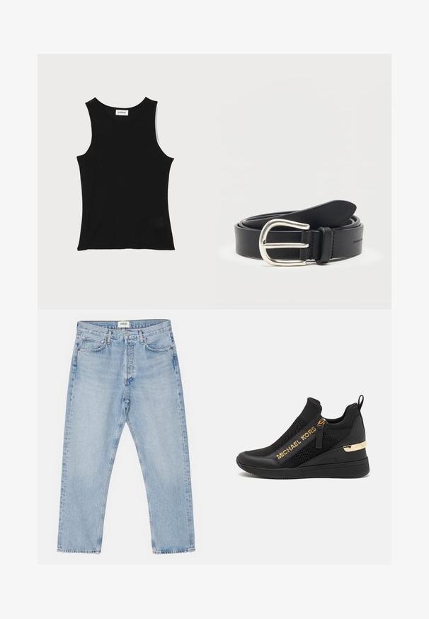 Zwarte geribbelde tanktop met een ronde halslijn en brede schouderbanden, met een subtiele textuurafwerking en een klein gaasdetail aan de zoom.; Lichtblauwe denim jeans met een klassieke rechte pasvorm, vijf zakken en een knoopsluiting, met subtiele vervaging en een stevige textuur.; Zwarte sportieve sneaker met meshpanelen, gouden logodetails, slip-on ontwerp en een wiggenhak voor extra hoogte. Rubberen zool.; Zwarte leren riem opgerold met een zilveren metalen afgeronde gesp op een effen witte achtergrond.