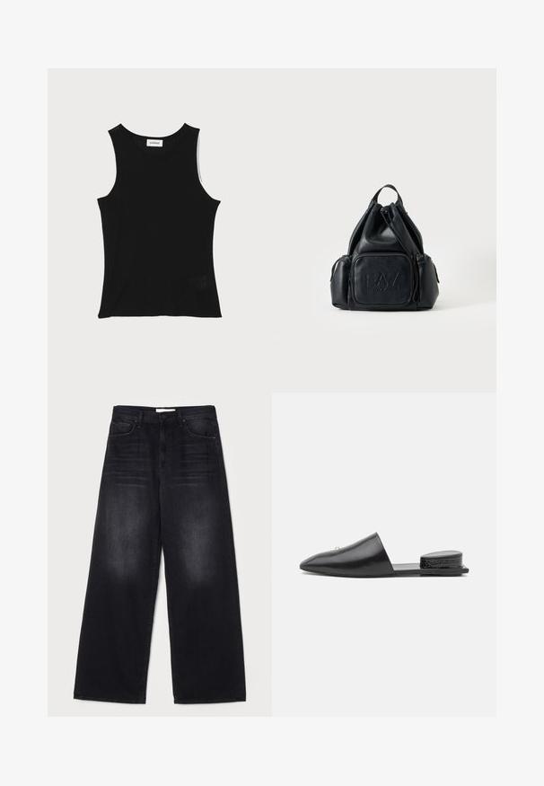 Débardeur noir à côtes avec un encolure ronde et de larges bretelles, présentant une finition texturée subtile et un petit détail en mesh au bas.; Mother THE SPINNER ZIP SNEAK - Jean boyfriend - black; Mules noirs en cuir à enfiler avec un bout pointu, un design minimal et un accent texturé au talon arrière. Surface lisse et semelle plate.; Sac à dos en cuir noir avec cordon, poches zippées à l'avant et sur le côté, avec logo "EA7 Emporio Armani" embossé sur la poche avant.