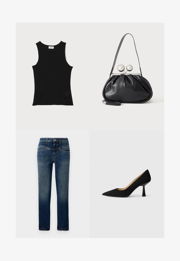 Schwarzes, geripptes Tanktop mit rundem Ausschnitt und breiten Trägern, das eine subtile Texturierung und ein kleines Netzdetail am Saum aufweist.; Dunkelblaue Jeans mit geradem Schnitt, mit leichter Ausbleichung, orangefarbener Naht und einem Knopfverschluss an der Taille.; Schwarze Wildleder-Pumps mit hohem Absatz und spitzer Zehenform, ausgestattet mit einem glänzenden schwarzen Blockabsatz und einem glatten Innenfutter.; Schwarze Ledertasche mit gerafftem Design, einem einzelnen Riemen, silbernem Metallrahmen und zwei großen runden silbernen Verschlüssen.