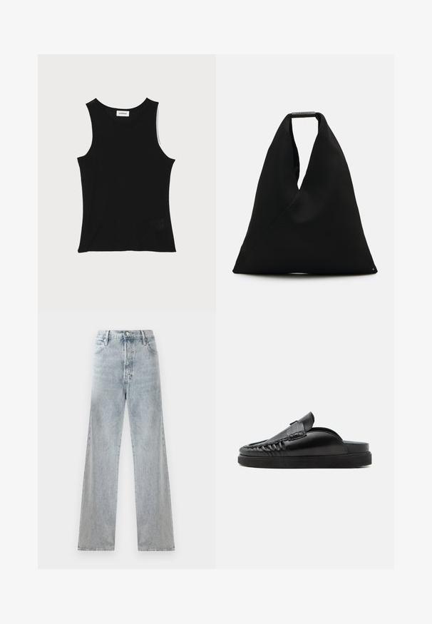 Débardeur noir à côtes avec un encolure ronde et de larges bretelles, présentant une finition texturée subtile et un petit détail en mesh au bas.; Jean en denim bleu clair avec taille haute, silhouette à jambes larges, design traditionnel à cinq poches et effets de décoloration subtils.; Mocassin en cuir noir à enfiler, sans talon, avec couture moc toe et semelle en caoutchouc plate sur fond blanc.; Sac fourre-tout en tissu noir avec un design en V unique et une texture lisse. Doté d'une courte poignée avec un détail matériel minimaliste.