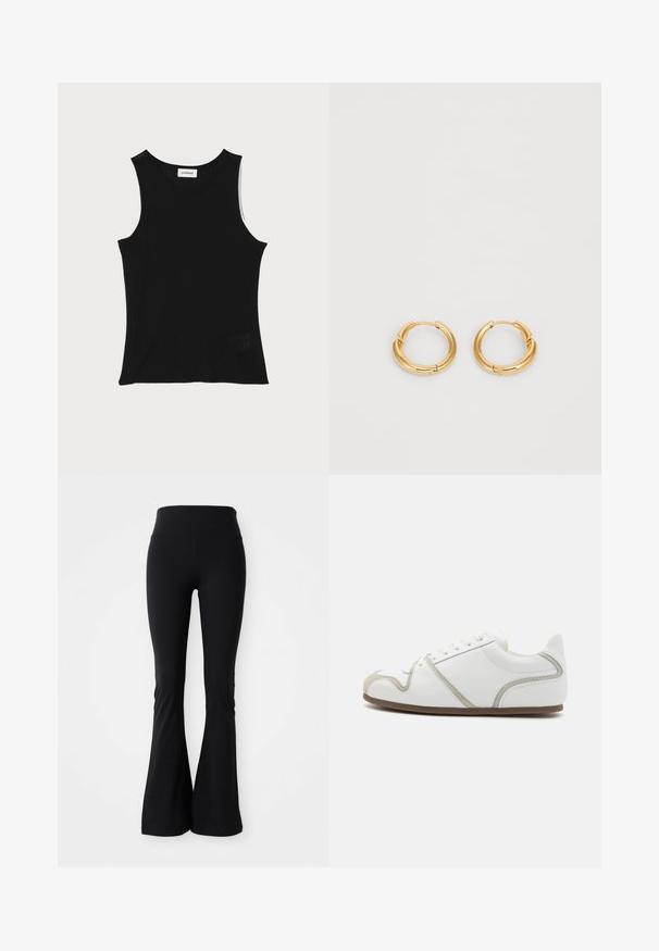 Sort ribbet tanktop med rund halsudskæring og brede skulderstropper, med en subtil struktureret finish og en lille mesh-detalje ved kanten.; Sorte flared leggings lavet af strækbart materiale, med høj talje og glat tekstur. Ingen mønstre eller hardware synlige.; Hvide sneakers med suede accenter; features en rund tå, flad sål og seks snørreøjer. Ren design med diskrete syninger.; Guldfarvede hoops øreringe med en poleret finish, et tykt design og en hængsel-lukning for nem påsætning.