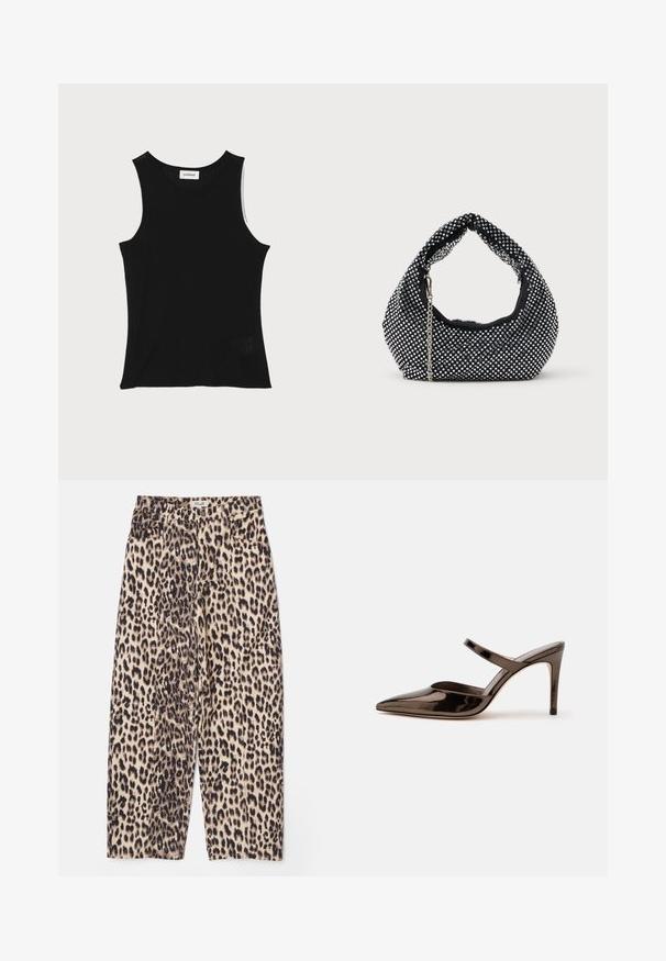 Schwarzes, geripptes Tanktop mit rundem Ausschnitt und breiten Trägern, das eine subtile Texturierung und ein kleines Netzdetail am Saum aufweist.; Leopardenmuster-Hosen in Beige und Schwarz mit lockerem Sitz, strukturiertem Stoff und vier Taschen sowie einem Bund.; Glänzender dunkelbrauner Mule mit spitzer Spitze und hohem Absatz mit schmalem Riemen über dem Spann vor weißem, einfachem Hintergrund.; Schwarze Netz-Handtasche verziert mit silbernen Nieten, mit einem gebogenen Griff und einem Kettenriemen. Weiche Textur mit runder Form.